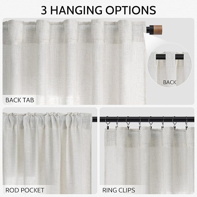 Nanspring Natural Linen Curtains 63 Inch Length for Living Room Country Light Filtering Semi Sheer Curtains Farmhouse Decor Curtain for Bedroom Dinner Room Back Tab and Rod Pocket 52x63, 2 Panels