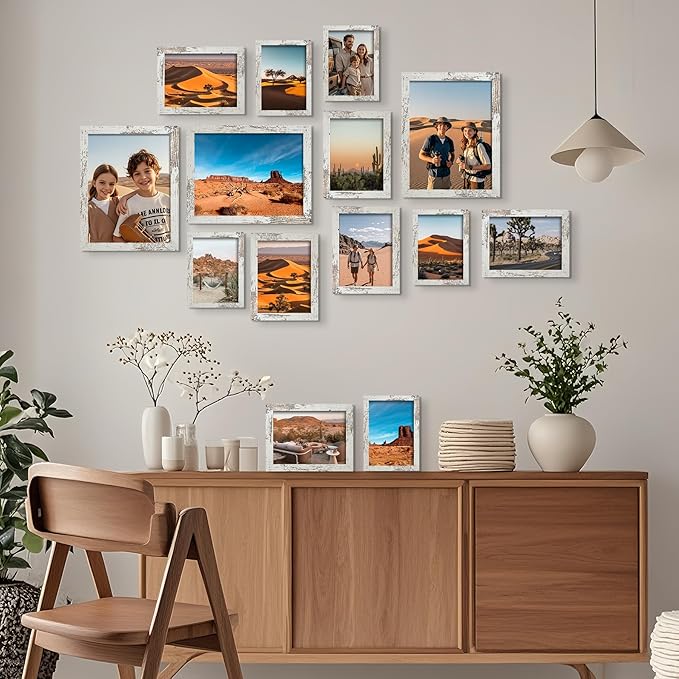 BESCRCL 15 Pack Real Glass Picture Frames Collage Wall Decor, Including 3pcs 8x10, 6pcs 5x7, 6pcs 4x6 Photo Frames for Gallery Wall or Tabletop Display, Distressed White
