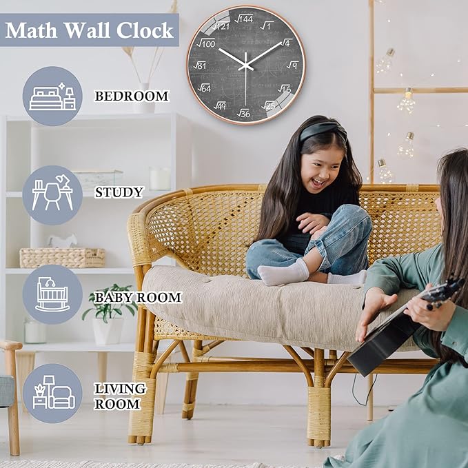10 Inch Math Wall Clock Silent Non Ticking Movement Quality Quartz Wall Clock for Office Classroom/School/Home/Kitchen/Living Room Wall Decorations (Grey)