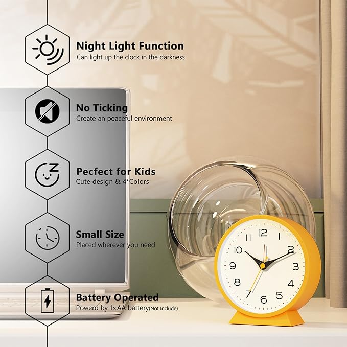 AYRELY?? 4.5" Analog Alarm Clock,Small Retro Desk Clock Battery Operated,Slient Metal Table Clock with Light for Living Room Decor,Bedroom,Bedside,Shelf (Orange-Yellow)