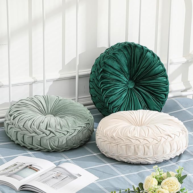 Drydiet 3 Pcs Round Throw Velvet Pillows Decorative Pleated Throw Pillows 15'' Diameter Accent Pumpkin Boho Chair Cushion for Couch Sofa Home Decoration (White,Light Green,Green)
