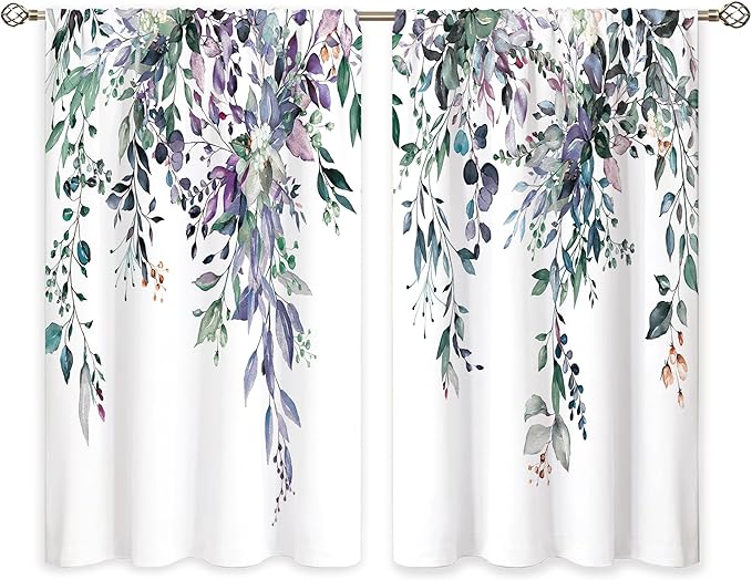 Blue Purple Eucalyptus Botanical Leaves Floral Window Curtains Farmhouse Rustic Flower Plant Wildflower Farmhouse Curtain Drapes Herb Curtains for Bedroom Living Room Treatment 42Wx45H Inch