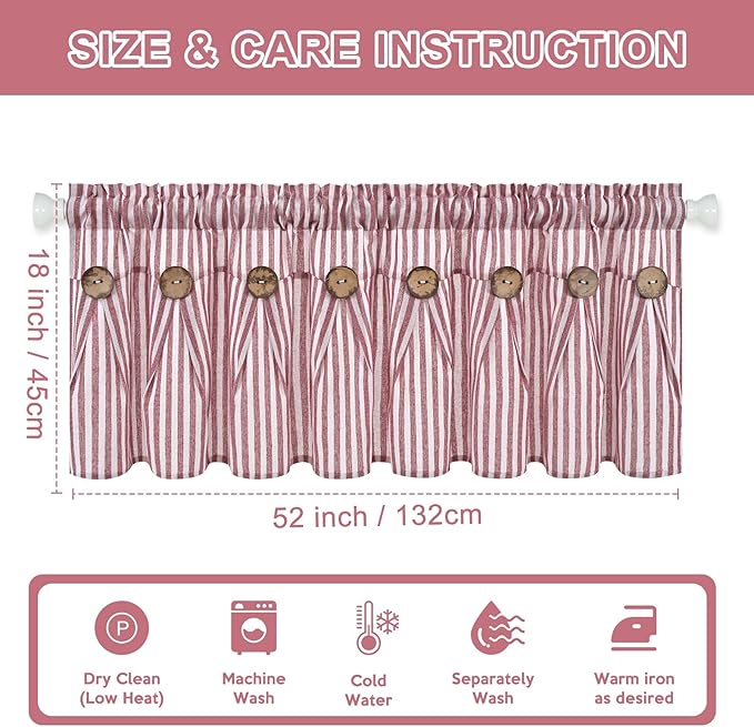 ASPMIZ Farmhouse Valances for Windows, Cotton Linen Kitchen Curtains Valances with Rustic Buttons, Red Striped Window Valance for Living Room, Boho Valance Curtains for Bathroom, 52 x 18 Inches