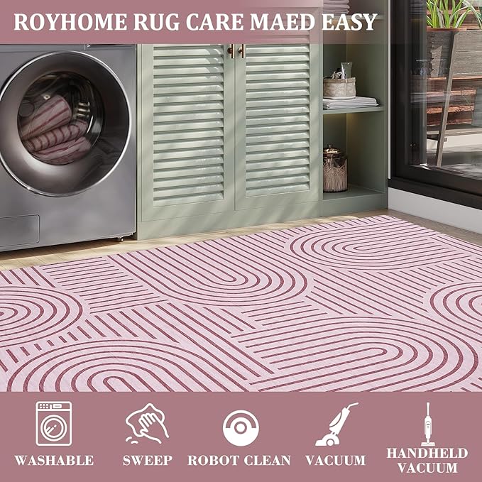 ROYHOME Washable Rug 8x10 Area Rugs for Living Room, Abstract Rug for Bedroom, Soft Rainbow Non Slip Throw Rugs with Rubber Back, Low Pile Stain Resistant Boho Geometric Carpet for Dining Room, Pink