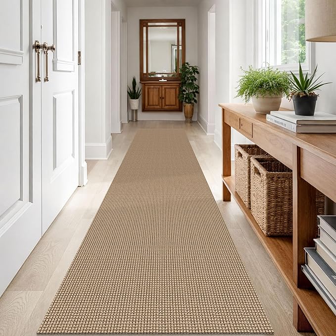 IOHOUZE Washable Runner Rug 2.6x12 Non Slip Rubber Backed Extra Long Hallway Runner Entryway Runner Indoor, Kitchen Rugs Woven Cotton Floor Carpet for Hall Stair, Orange/Tan/Brown