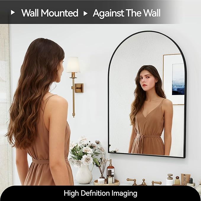SCWF-GZ 36x24 Arch Mirror Rectangle Full Length Wall Mounted Hanging or Against Wall Metal Aluminium Alloy Frame Dressing Make-up Mirrors for Entryway Bedroom Bathroom Living Room 36 24 inch Black