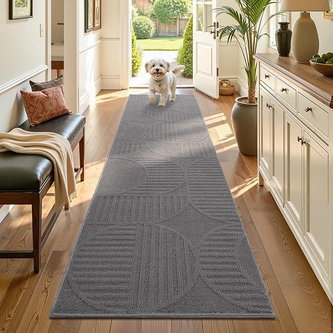 Findosom Washable Runner Rug 2x8, Geometric High-Low Textured Non Slip Hallway Runner Rug with Rubber Backing, Boho Carpet Runner for Kitchen, Bedroom, Laundry, Entryway, Bathroom, Gray