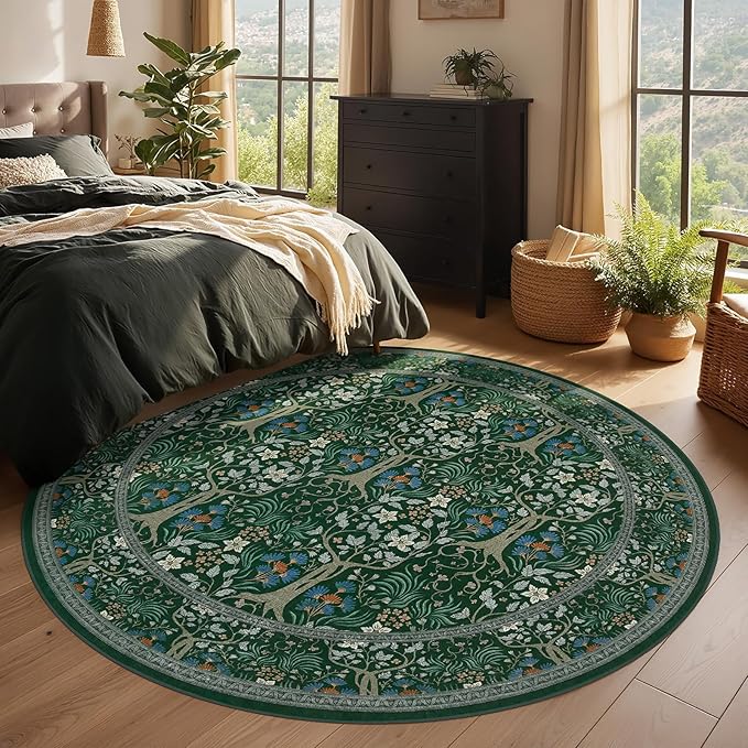 Joydeco Washable Round Area Rug for Living Room, Soft Round Rugs 6ft Non Slip with Rubber Backing, Vintage Large Circle Carpet for Bedroom Kitchen Nursery, Dark Green Floral Décor