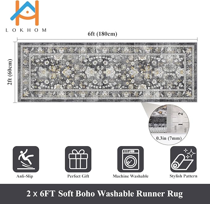 LOKHOM Washable Runner Rug, 2x6 Non-Slip Vintage Kitchen Rug with Rubber Backing, Boho Floral Soft Faux Wool Hallway Runner Rug Carpet Runner for Laundry Entryway Bedroom (Charcoal Grey)