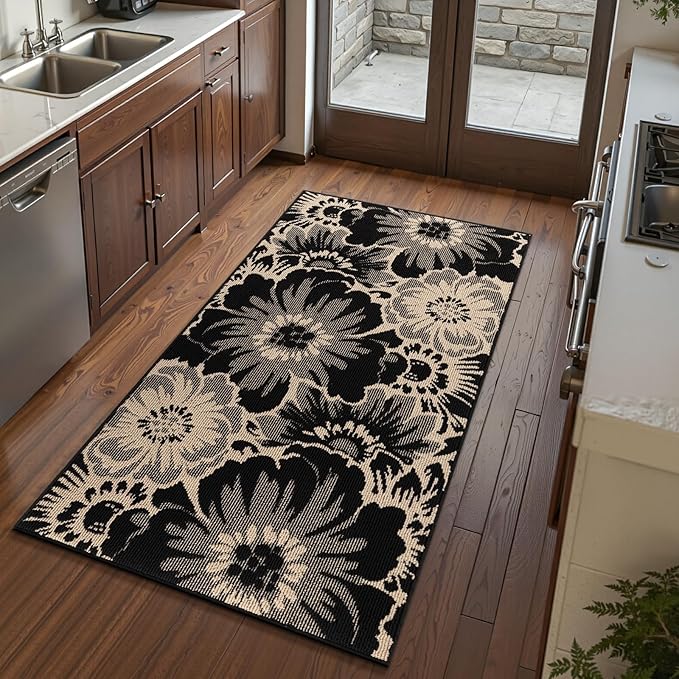 Findosom Washable Area Rug 3x5, Non Slip High-Low Textured Floral Rugs for Bedroom with Rubber Backing, Boho Carpet for Living Room, Kitchen, Entryway, Laundry, Black & Beige