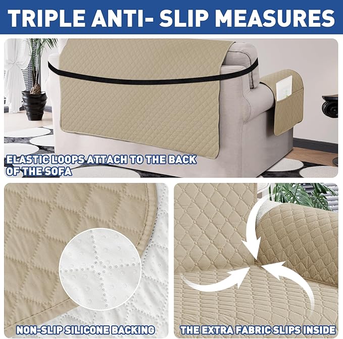 XINEAGE Quilted Chair Sofa Cover Waterproof Chair Covers for Armchair, Super Soft Washable Slipcover with Pockets & Non-Slip Elastic Straps, Thick Furniture Protector (Khaki)