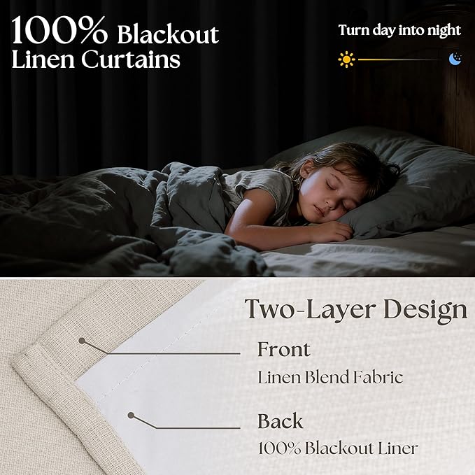 Pinch Pleated Blackout 102 Inch Curtains 70 Inch Wide Linen Dual Layer Soundproof Farmhouse Bedroom Window Curtains for Living Room Cream Natural Hooks Rings Back Tab 100% Black Out Drapes 1 Panel