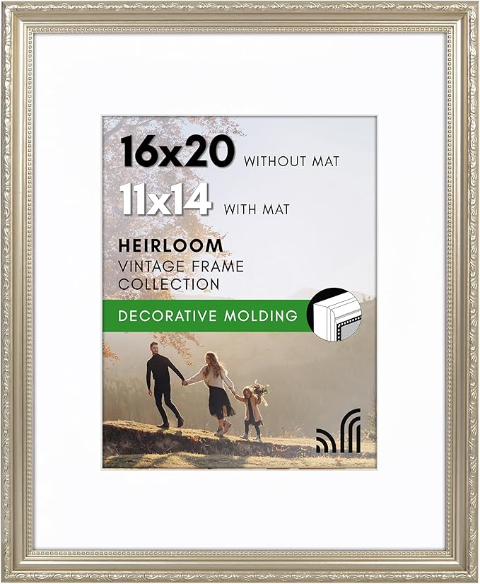 Americanflat 16x20 Picture Frame with Polished Plexiglass - Use as 11x14 Frame with Mat or Display 16x20 Photo Without Mat - Ornate Picture Frames for Wall Display - Silver