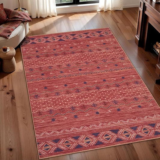 SERISSA 3x5 Area Rugs for Living Room, Washable Non-Slip Red Ochre Small Boho Rug, Soft Low-Pile Geometric Indoor Throw Carpet for Bedroom Kitchen Dining Room Office