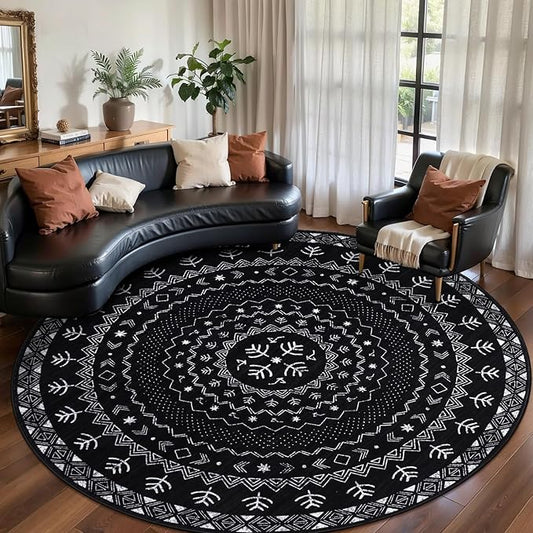 SERISSA Round Area Rug, 6ft Washable Non-Slip Black and White Boho Circle Rug, Soft Low-Pile Geometric Indoor Large Circular Carpet for Bedroom Entryway Living Room Dining Room