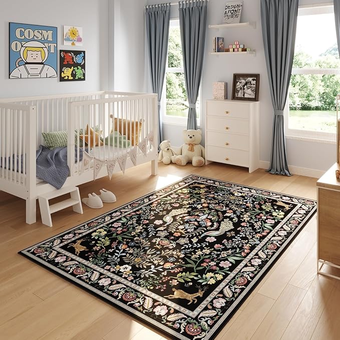 Living Room Rug 5x7 Rug Machine Washable Area Rug Floral Non-Slip Low Pile Large Rugs for Living Room, Bedroom, Farmhouse, Dining Room, Kids Playroom (Vibrant Black)