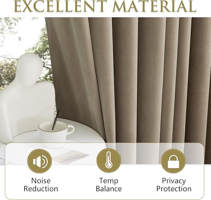 StangH Camel Beige Velvet Curtains for Bedroom, Luxury Thermal Insulated Room Darkening Window Drapes for Dining Room/Bathroom/Office/Basement, W52 x L90 Each Panel, 2 Panels