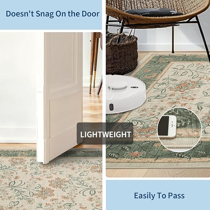 GarveeHome 5x7 Area Rug Sage Green Washable Rugs for Living Room Bedroom, Soft Low Pile Non Slip French Country Floor Mat Botanical Floral Print Throw Rug Indoor Carpet Dining Room Playroom