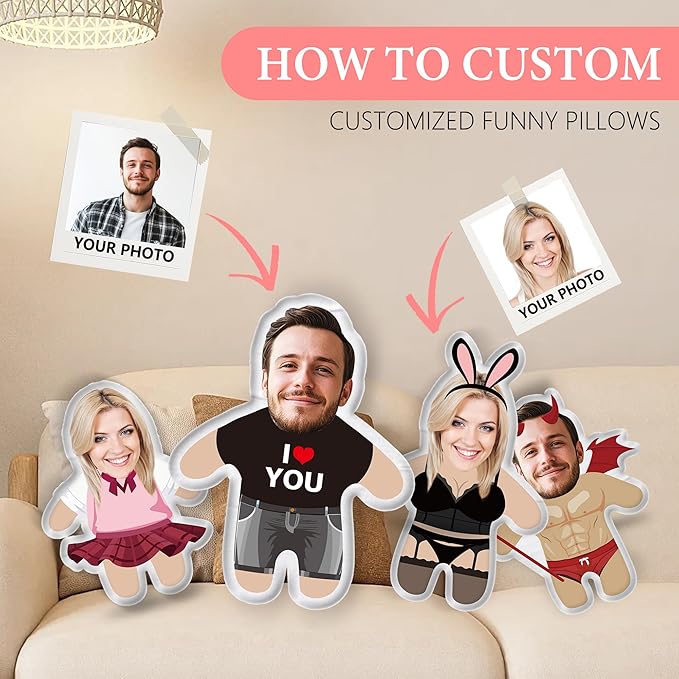 Custom Face Pillow Cute Personalized Photo Plush Doll, 3D Double-Sided Plush Stuffed Pillow for Home Sofa Decor Customized Funny Pillow for Valentines Day Gifts for Boyfriend Girlfriend Him Her