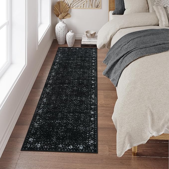 Hedlive Vintage Black Kitchen Runner Rug, 2x6 Washable Runners for Hallways Non Slip, Ultra-Thin Floor Carpet Runners for Hallway 6 ft Entryway Laundry Bedroom Bathroom(2'x6', Black)
