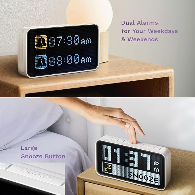 Dekala PixelRise Smart Alarm Clock for Bedroom,Pixel Art LED Dot Matrix Display, Weather Temperature Animation, Loud Dual Alarm for Heavy Sleeper, Sleep White Noise, WiFi Weather & DST Time Sync, App - Image 2