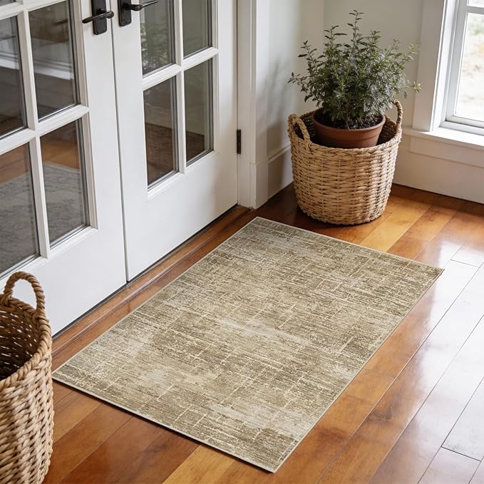 2x3 Washable Area Rug for Entryway - Small Abstract Neutral Kitchen Runner Rug with Anti-Skid Rubber Backing Soft Low Pile Thin Carpet for Bedroom Bathroom Pet Feeding Zone (2x3, Tan/Brown)