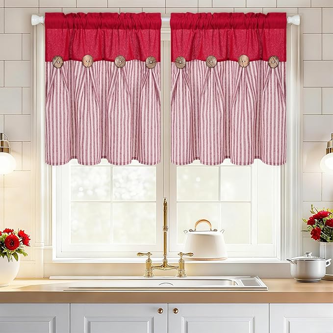 ASPMIZ Linen Kitchen Curtains 24 Inch Length, Farmhouse Boho Button Kitchen Window Curtain Over Sink, Red Striped Short Curtains for Small Windows, Bathroom, Rod Pocket Window Treatment Tiers