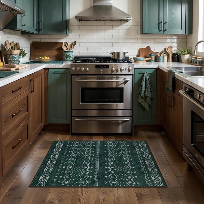 SERISSA 2x3 Rugs for Entryway, Washable Non-Slip Dark Green Small Area Rug, Soft Low-Pile Boho Geometric Indoor Entry Rug Door Mat Indoor Entrance Front Door Carpet for Bathroom Kitchen Bedroom