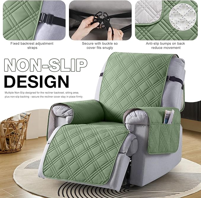 TAOCOCO Waterproof Recliner Chair Covers 30 Inch Wide, Oversized Recliner Covers for Recliner Chair with Pocket, Recliner Slipcovers with Straps Furniture Protector for Kids Pets (30'', Bean Green)