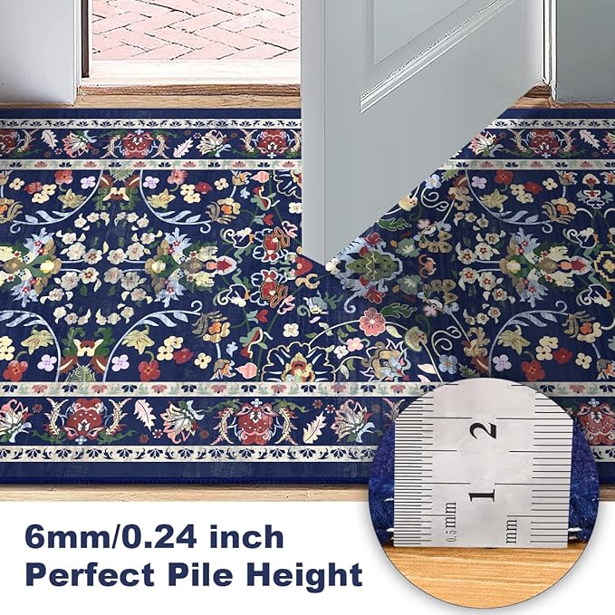 LOKHOM Washable Runner Rug, 2x8 Non-Slip Vintage Hallway Runner Rug with Rubber Backing, Boho Floral Soft Faux Wool Kitchen Rug Carpet Runner for Laundry Entryway Bedroom (Vibrant Blue)