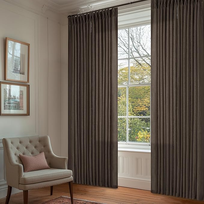 TWODRAPES Dark Chocolate Pinch Pleated Linen Curtains 2 Panels for Living Room Bedroom Memory Training Shaped Semi Sheer Pleat Drapes with Hooks Rings Light Filtering Window Curtain 40x90