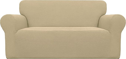 Easy-Going Stretch Oversized Loveseat Slipcover 1-Piece Sofa Cover Furniture Protector Couch Soft with Elastic Bottom for Kids Polyester Spandex Jacquard Fabric Small Checks Beige