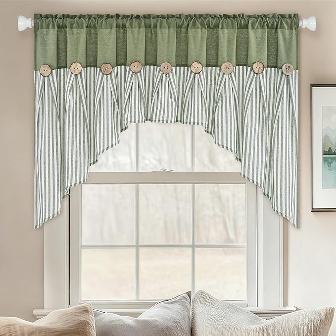 ASPMIZ Farmhouse Cotton Linen Swag Valances for Windows, Boho Kitchen Curtains Valances with Rustic Buttons, Green Striped Window Treatments Curtain Valance for Bathroom Cafe, 61 x 36 Inch, 1 Panel