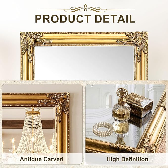 Vintage Gold Mirror for Wall, 30"x45" Antique Decorative Ornate Baroque Mirror for Living Room, Entryway, Bathroom, Fireplace