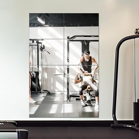 Delma Frameless Mirror Tiles 16"x12"x8 Pcs Wall Mounted, Shatter Resistant Full Length Tempered Glass Panels for Home Gym Bathroom Bedroom & Living Room Decor