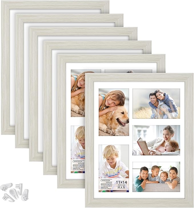 Langdon House 11x14 Collage Picture Frames w/Mat for 5-4x6 Photos (Almond White, 6 Pack) Woodgrain Style, Wall Mount Only, Richland Collection
