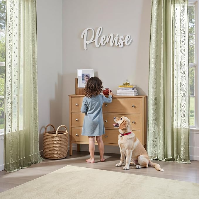 jinchan Winslow Sheer Curtains 96 Inch for Bedroom Living Room Embroidered Bordered Floral Nursery Curtains for Playroom Light Filtering, Ivory on Sage, 2 Panels, 50W x 96L