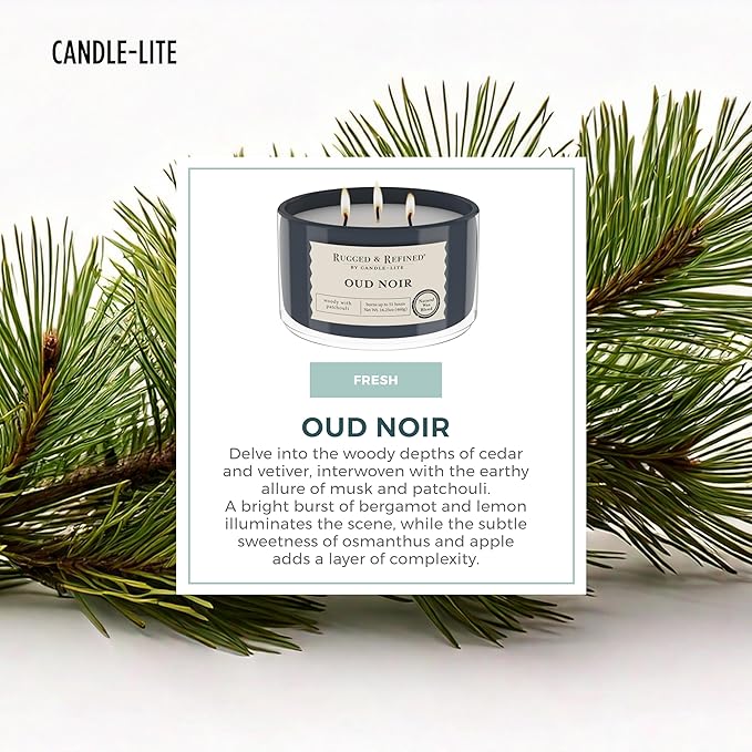 Candle-Lite Scented Candles for Men, Oud Noir Fragrance, 16.25 oz Jar, 3-Wick, 51 Hours of Burn Time, Masculine Aromatherapy with Long Lasting Scent, Ideal Gift for Father's Day and Home Decor