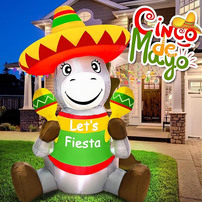 TURNMEON 6 Ft Tall Cinco De Mayo Inflatable Decorations Outdoor Sitting Donkey with Taco Sombreros Fiesta Maracas LED Lights Blow Up Holiday Party Indoor Yard Garden Lawn May 5 Mexican Summer Decor