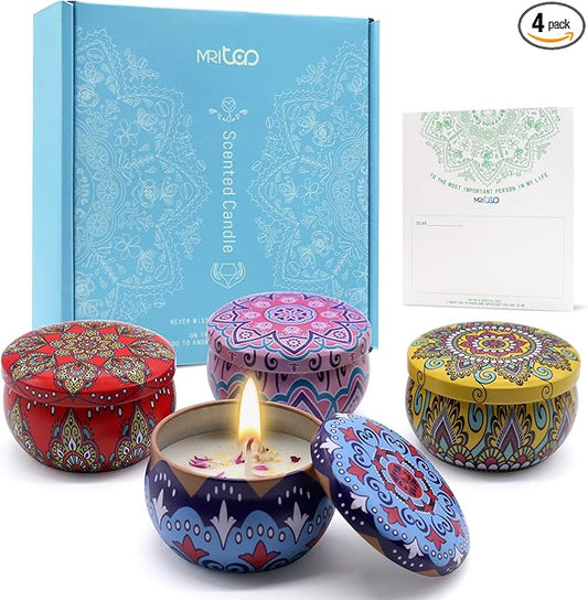 Scented Candles Gift Set for Women Soy Candles 4 Pack Natural Aromatherapy with Dried Flowers in Reusable Tins Relaxation Gift for Birthday Mother's Day Valentine's Day Christmas New Home