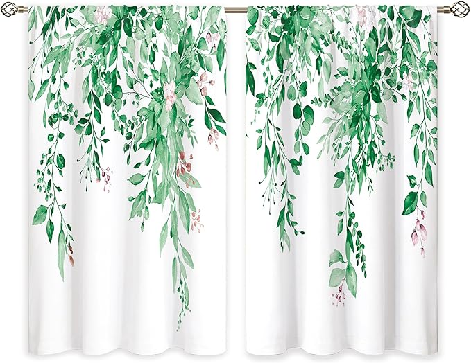 Emerald Teal Eucalyptus Botanical Leaves Floral Kitchen Window Curtains Over Sink Farmhouse Flower Spring Small Treatment Cafe Short Curtains for Bathroom Treatment Tier Drapes 27.5x39 inch