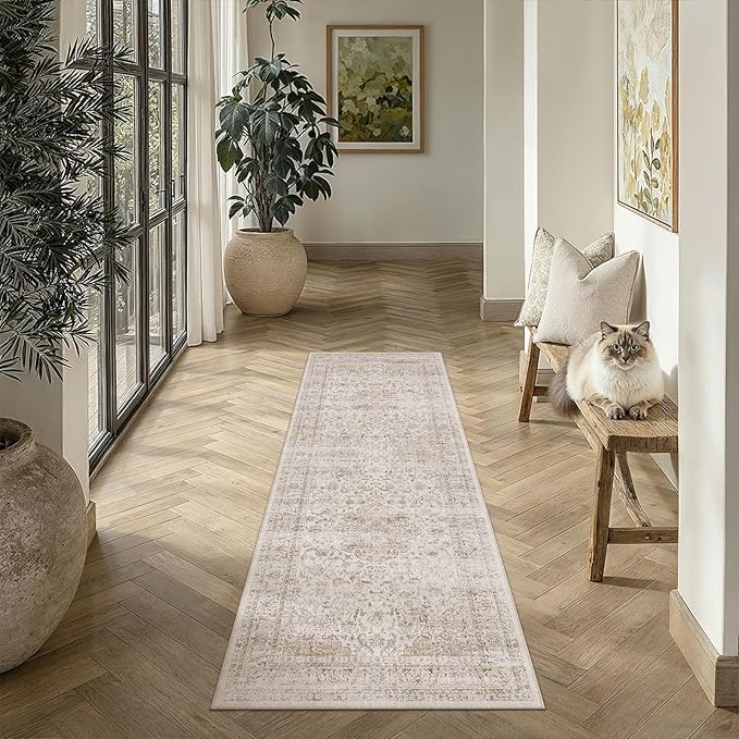 2x6 Washable Runner Rug Beige Vintage Non Slip Soft Low Pile Hallway Kitchen Rug Distressed Oriental Carpet for Laundry Bathroom Bedroom Living Room Home Decor