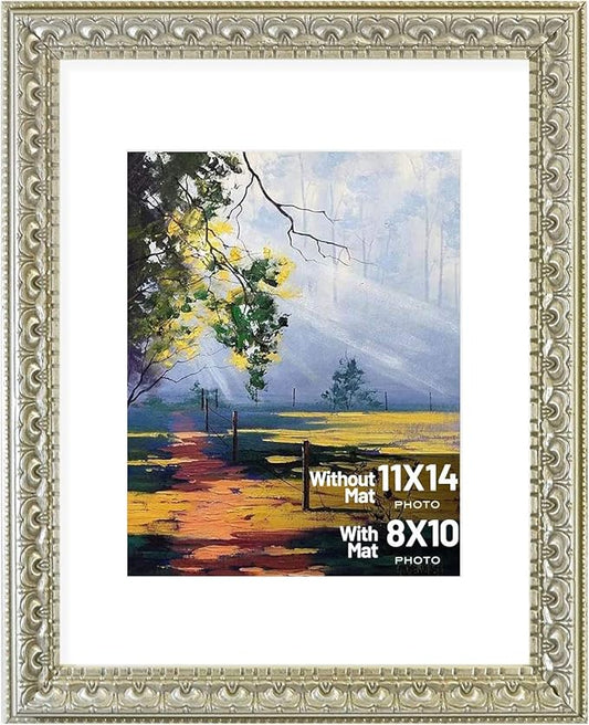 Golden State Art, 11x14 Ornate Finish Photo Frame, Silver Beige Color, with White Mat for 8x10 Picture & Real Glass