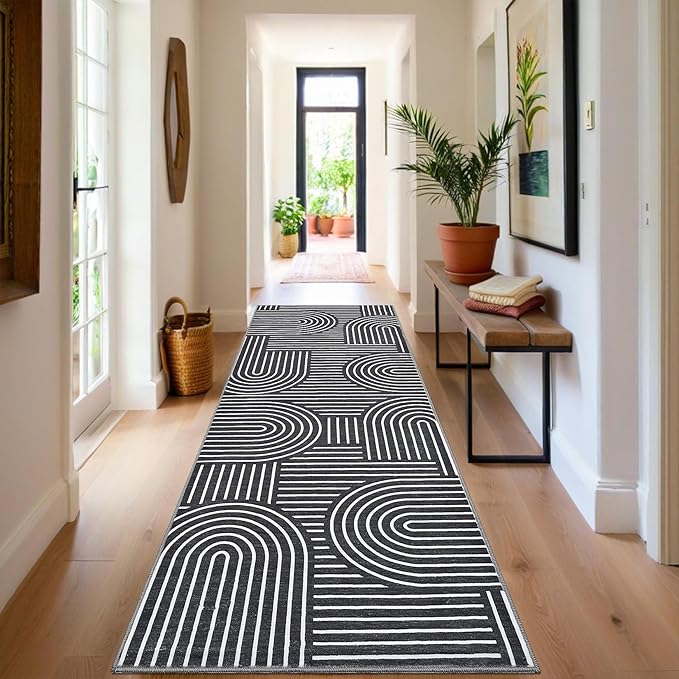ROYHOME Modern Rug 2x6 Runners for Hallways, Abstract Kitchen Runner Rugs Non Slip Bath Runner, Rainbow Washable Runner Rug for Bedroom, Soft Long Rugs for Entryway Bathroom Laundry Dorm, Black