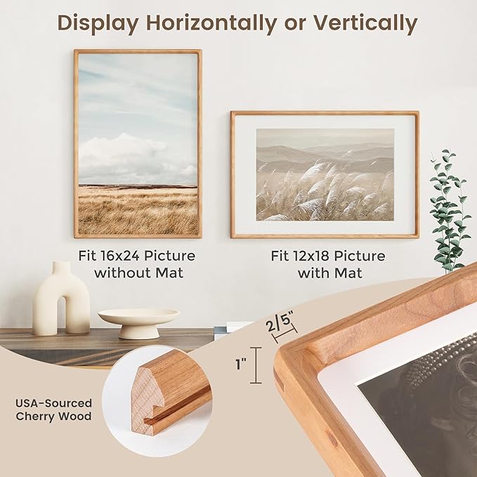 16x24 Poster Frame, USA-Sourced Cherry Wood Picture Frame with HD Tempered Glass, Handcrafted Rounded Corner 16 x 24 Wooden Frames Matted to 12x18 Photos, Horizontal or Vertical Wall Display