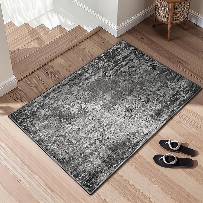 Entrance Rugs Indoor 2x4 Black Entry Rug Washable Abstract Black Small Area Rug Non-Slip Low Pile Throw Rugs for Entryway, Kitchen Floor, Front Door Indoor Door Mat, Bathroom, Bedroom Bedside