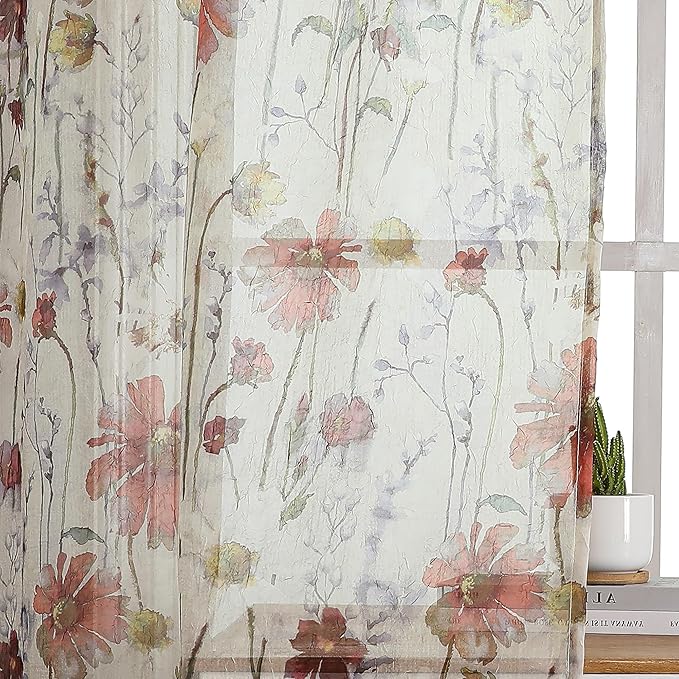 OWENIE Crushed Sheer Cafe Curtains Kitchen Tiers 30 Inch Length 2 Panels, Printed Design Small Window Half Curtains for Bathroom Bedroom Cupboard Living Room, Short Light Filtering Curtain, 42"x30"