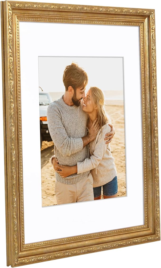Americanflat 11x14 Picture Frame with Shatter-Resistant Glass - Use as 8x10 Frame with Mat or Display 11x14 Photo Without Mat - Ornate Picture Frames for Wall Display - Gold