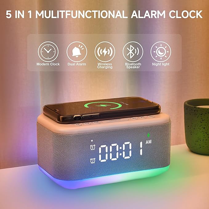 Alarm Clock Speaker Wireless Charger, Digital Alarm Clocks Bedrooms Bluetooth, Alarm Clock Dimmable Light Bedrooms Dual Alarm Snooze Dimmer 12 24H RGB Night Light Bluetooth USB AUX, Gray - Image 2