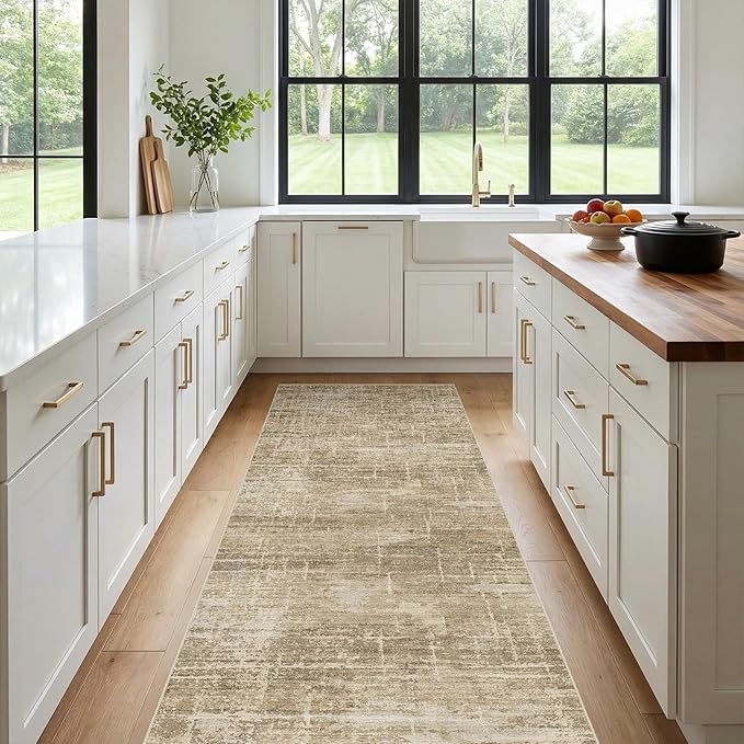 3x7 Washable Kitchen Runner Rug - Modern Abstract Neutral Carpet with Non-Slip Backing Low-Pile Stain-Resistant Thin Runners for Hallway Bathroom Bedroom Entryway (3x7，Tan/Brown)